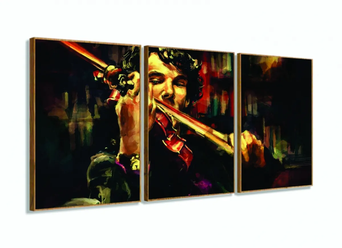 Quadro Sherlock Holmes E Violino Art Tela Em Tecido 3 peças com moldura filete Imagem