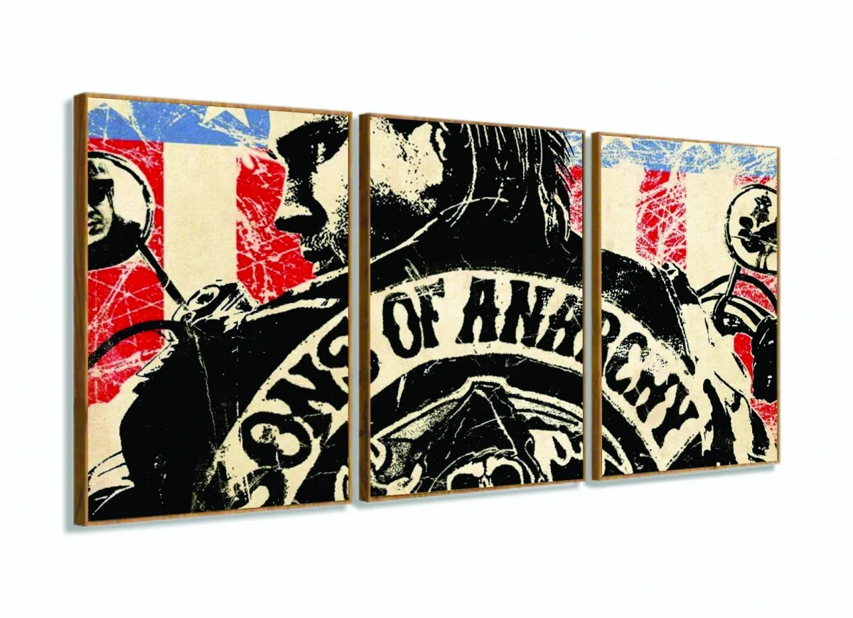 Quadro Sons Of Anarchy Séries 1 Decorativo Em Tecido 3 Peças com moldura filete Imagem