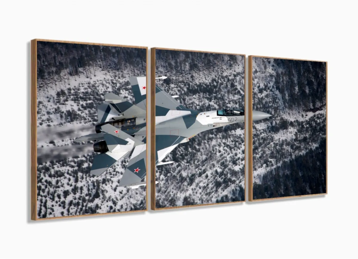Quadros Decorativos Avião Caça 120x60  em Tecido com moldura filete Imagem