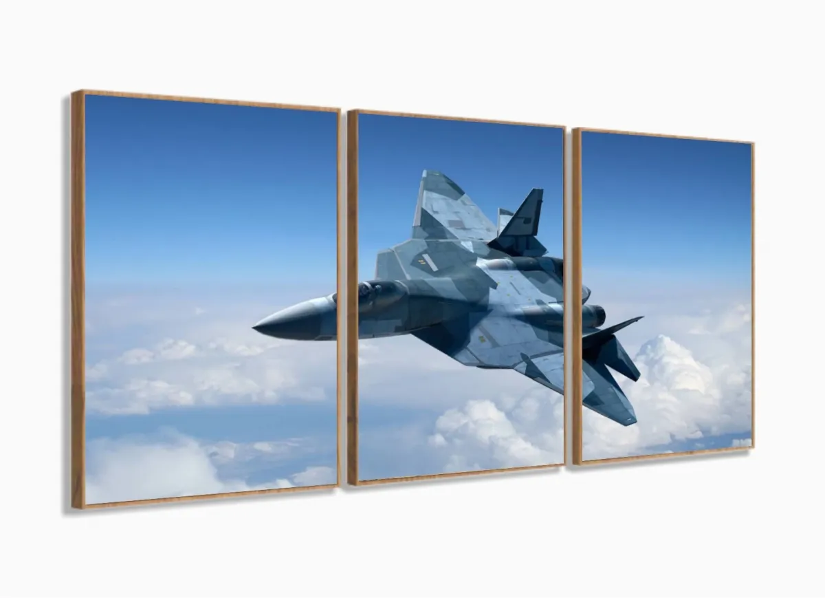 Quadros Decorativos Avião De Caça120x60 3 peças em Tecido com moldura filete Imagem