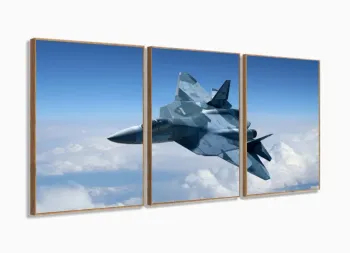 Quadros Decorativos Avião De Caça120x60 3 peças em Tecido com moldura filete
