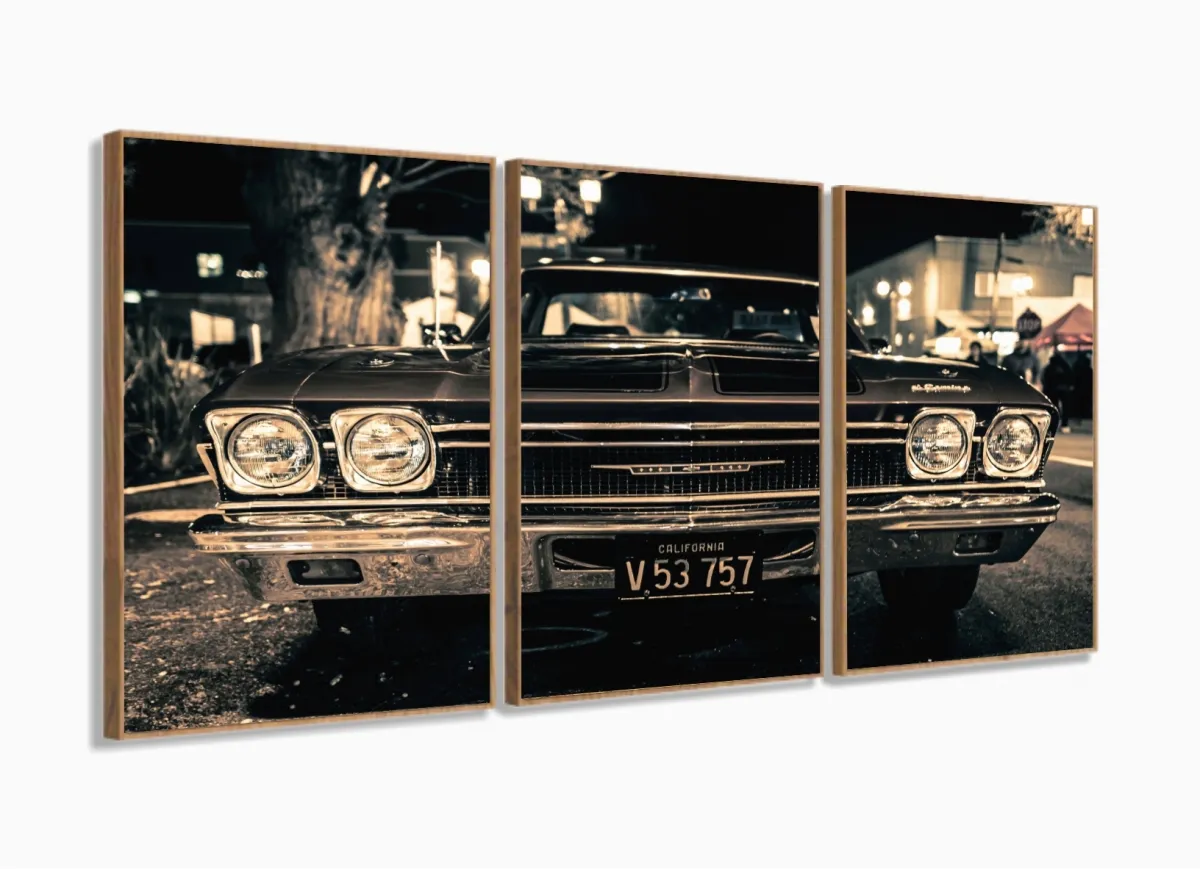 Quadros Decorativos Carro Impala Retrô Quarto Sala 120x60 3 peças com moldura filete Imagem
