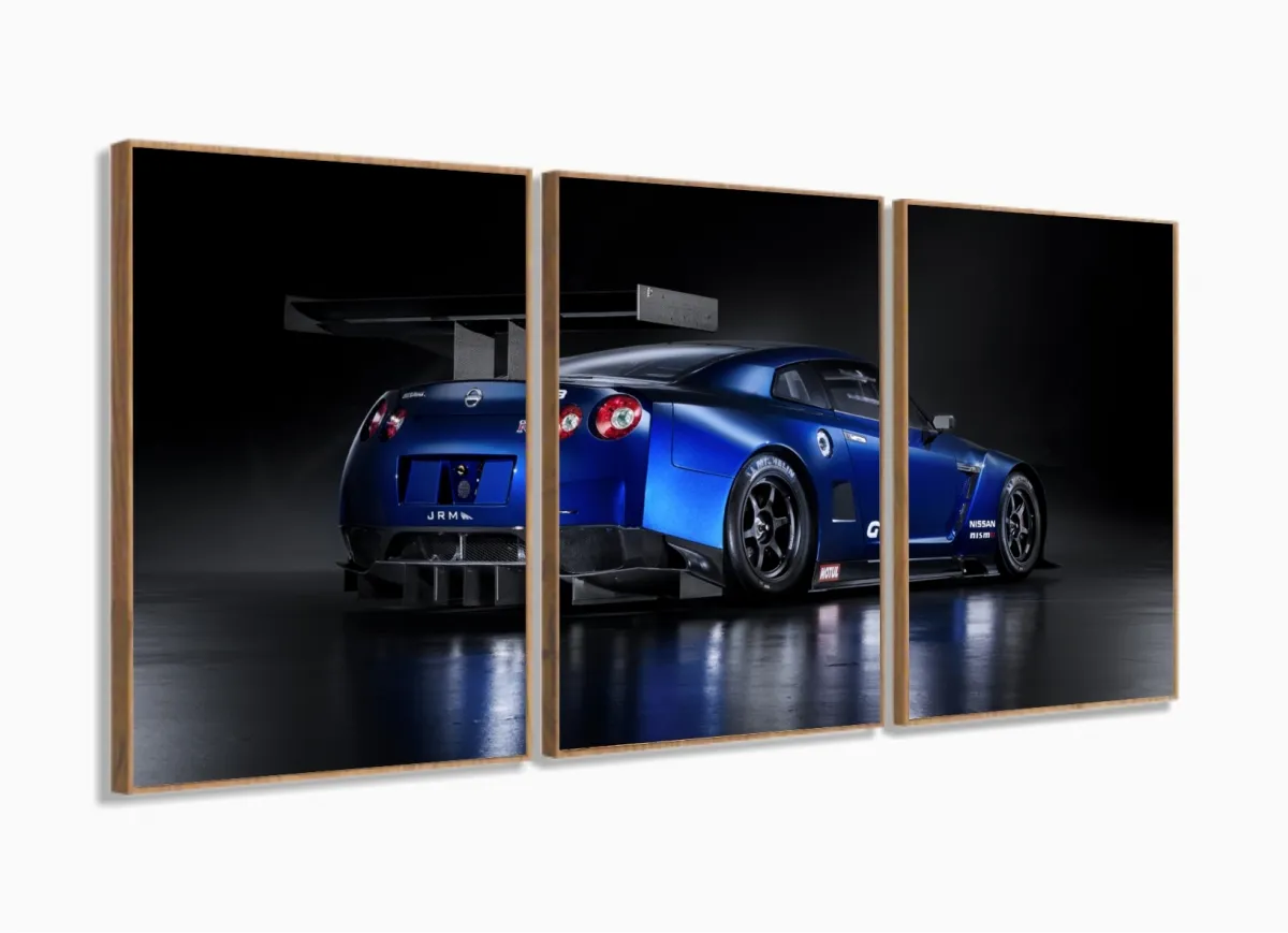 Quadros Decorativos Carro Skyline Azul 120x60 3 peças em Tecido com moldura filete Imagem