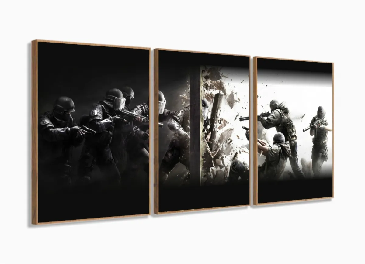 Quadros Decorativos Counter Strike 120x60 3 peças em Tecido com moldura filete Imagem