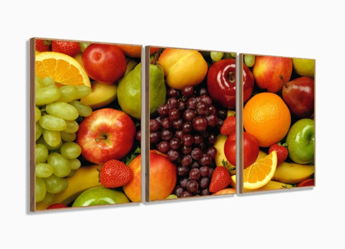 Quadros Decorativos Cozinha Frutas 120x60 3 peças em Tecido com moldura filete Imagem