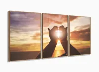 Quadros Decorativos Cruz Pôr do Sol Jesus Sala Quarto 120x60 3 peças com moldura filete