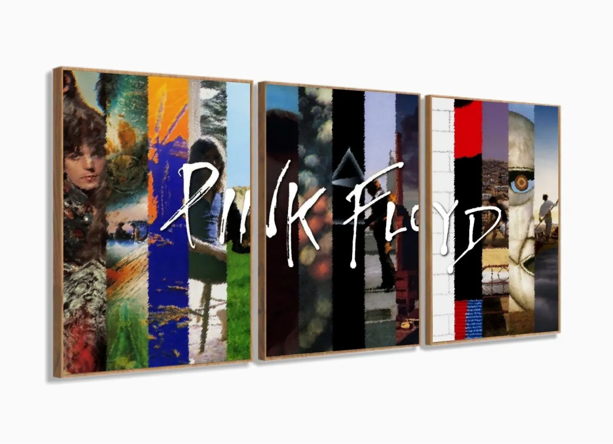 Quadros Decorativos Musica Pink Floyd 120x60 3 peças em Tecido com moldura filete Imagem