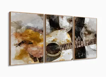 Quadros Decorativos Musical Violao Sala Quarto 120x60 3 peças com moldura filete