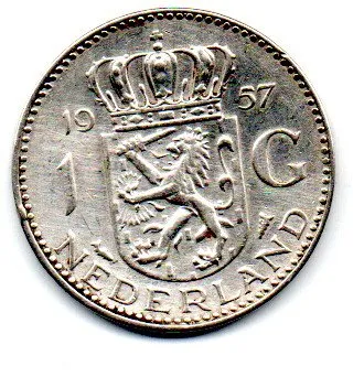 Holanda - 1957 - 1 Gulden - Prata .720 - Aprox. 6,5g - 25mm - Polida Imagem