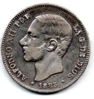 Espanha - 1883 - 5 Pesetas - Prata .900 - Aprox. 25g - 37mm