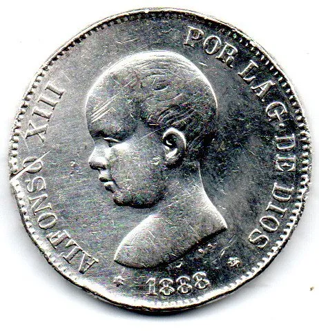 Espanha - 1888 - 5 Pesetas - Prata .900 - Aprox. 25g - 37,5mm - Polida - Obs.: Danos no bordo