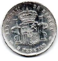 Espanha - 1888 - 5 Pesetas - Prata .900 - Aprox. 25g - 37,5mm - Polida - Obs.: Danos no bordo - Foto 2