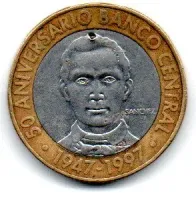 República Dominicana - 1997 - 5 Pesos - Comemorativa - 50 Aniversario Banco Central - C/ Tentativa de furo
