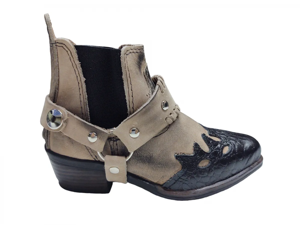 Ref: 0728 - Bota Country Infantil - Cor Areia Preto Croco