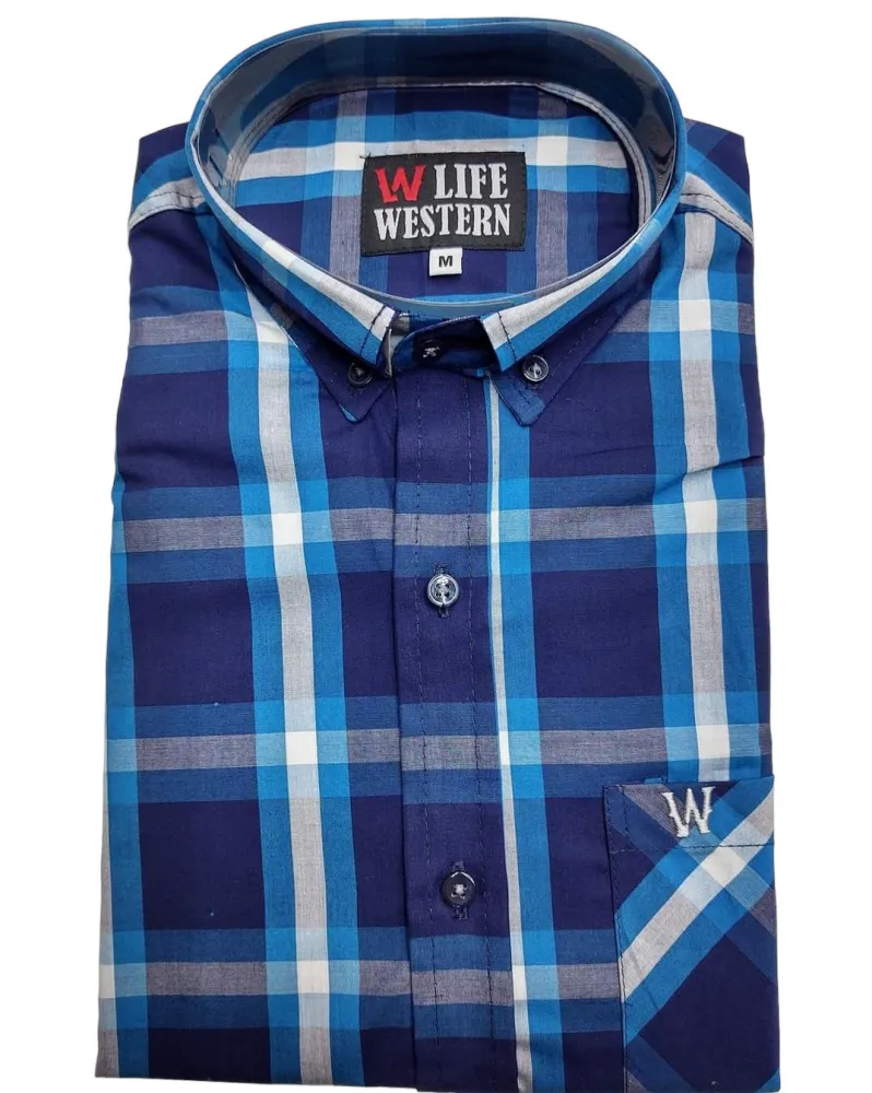 Ref: MC02 - Camisa Country Life Western Manga Curta Xadrez Azul