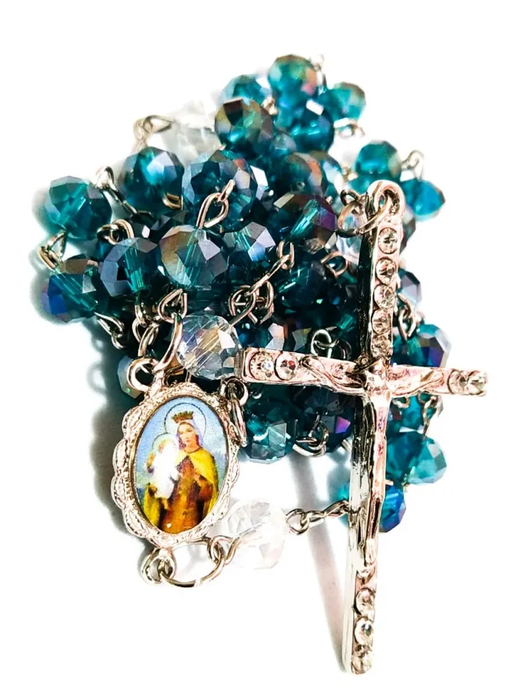 Terço Nossa Senhora do Carmo em cristal 8mm prateado Imagem