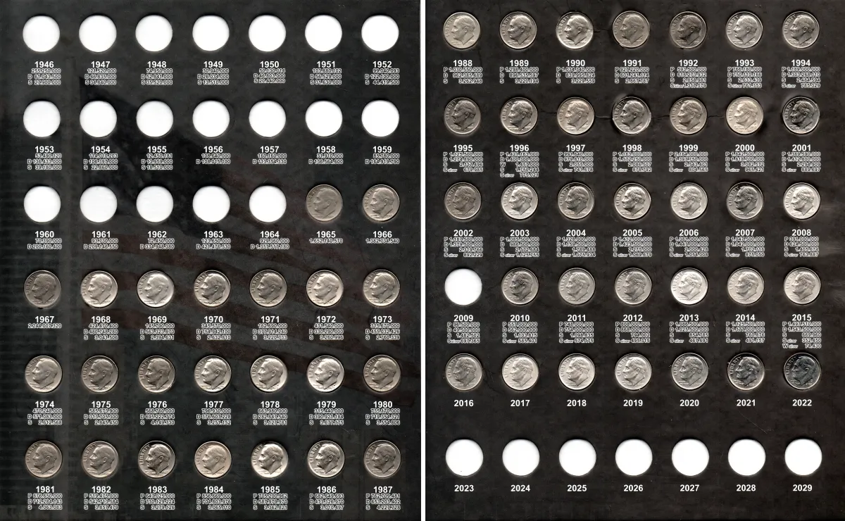 Álbum p/ Moedas Incompleto com 57 Moedas -  Roosevelt Cents (0,10 / Cents) - 1946 a 2029 - Estados Unidos