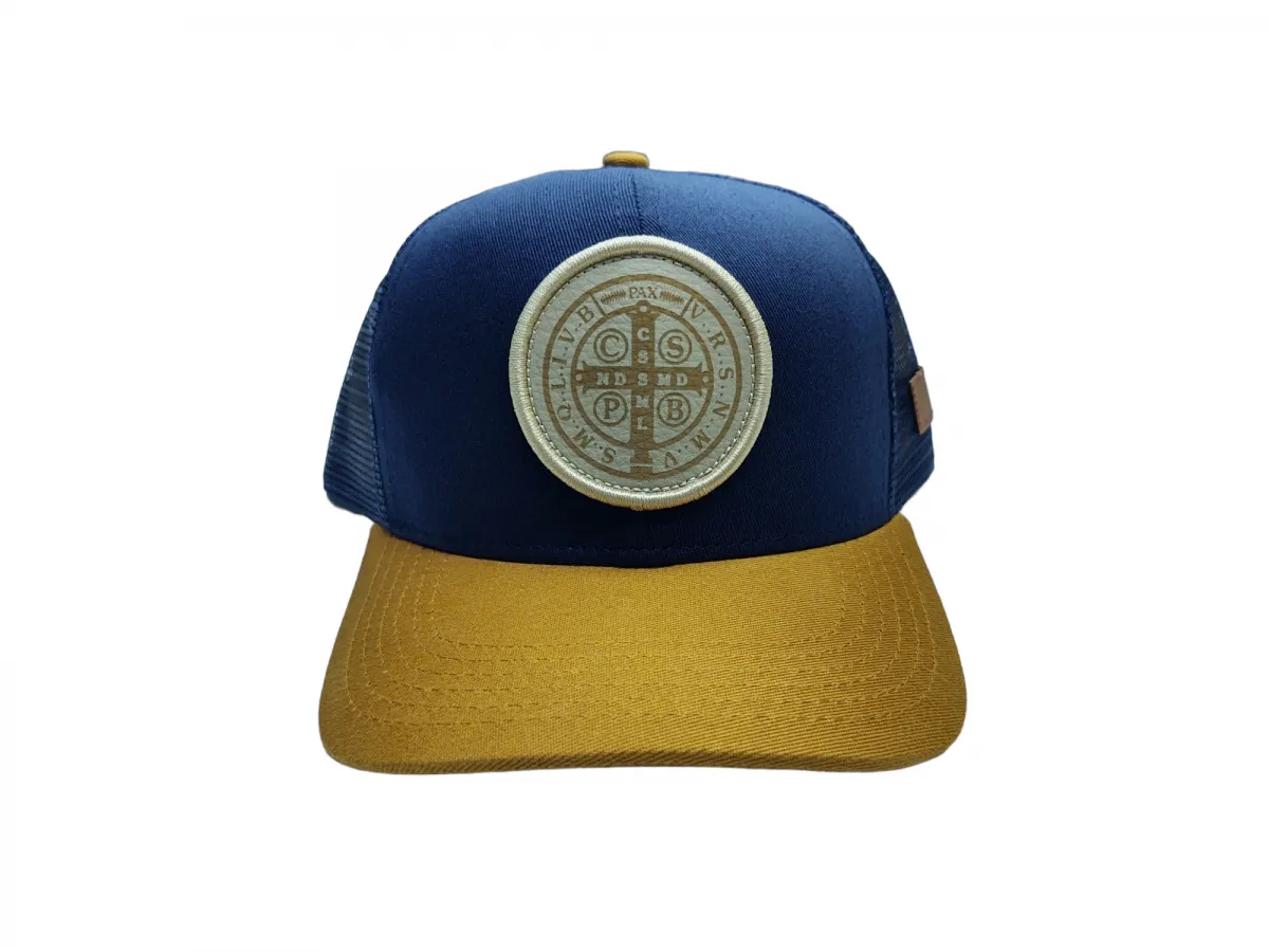 Ref: TH003 - Boné Texas Head Medalhão de São Bento - Cor Azul Marinho Aba Mostarda