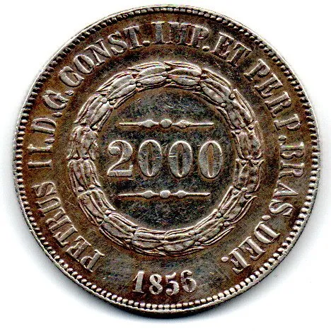 1856 - 2000 Réis - Prata .917 - Aprox. 25,5g - 37mm - Moeda Brasil Império