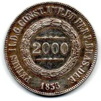 1856 - 2000 Réis - Prata .917 - Aprox. 25,5g - 37mm - Moeda Brasil Império