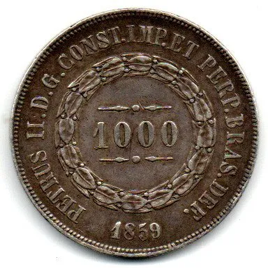 1859 - 1000 Réis - Prata .917 - Aprox. 12,75g - 30mm - Moeda Brasil Império