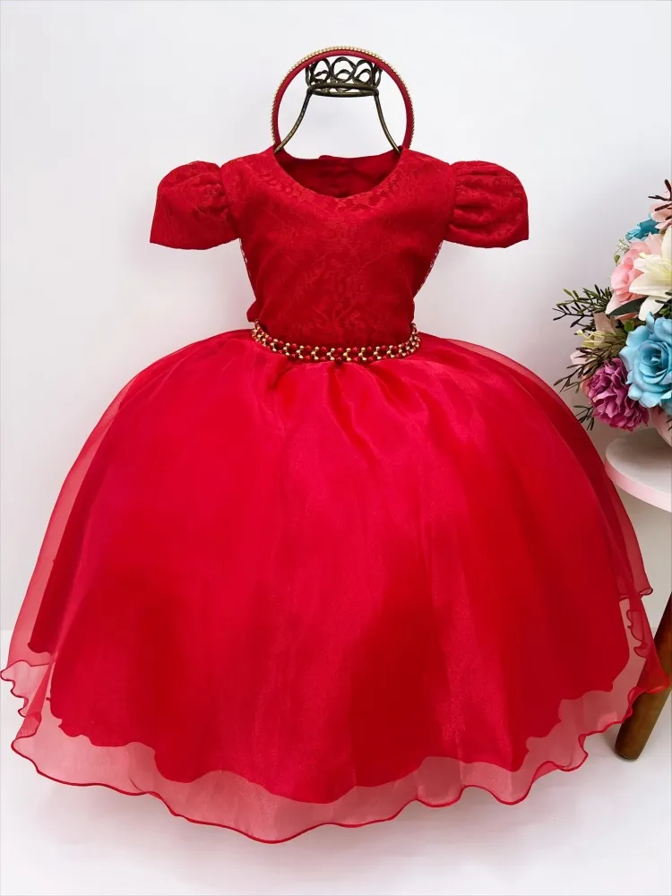 Vestido Festa Renda Vermelho + Tiara Strass