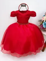 Vestido Festa Renda Vermelho + Tiara Strass