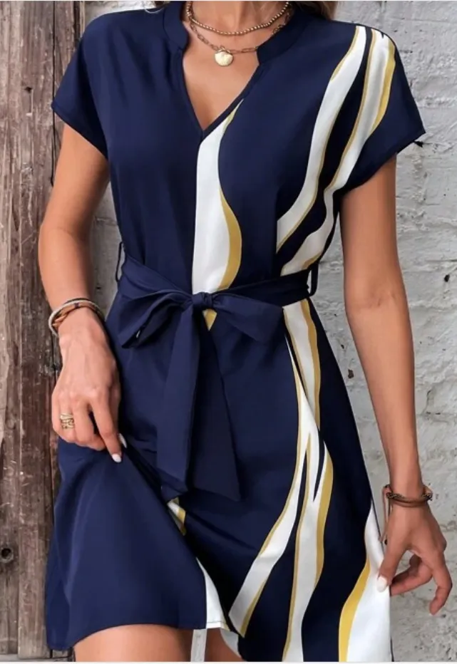 SHEIN Clasi Bloco De Cores Gola Entalhado Vestido Com Cinto Imagem