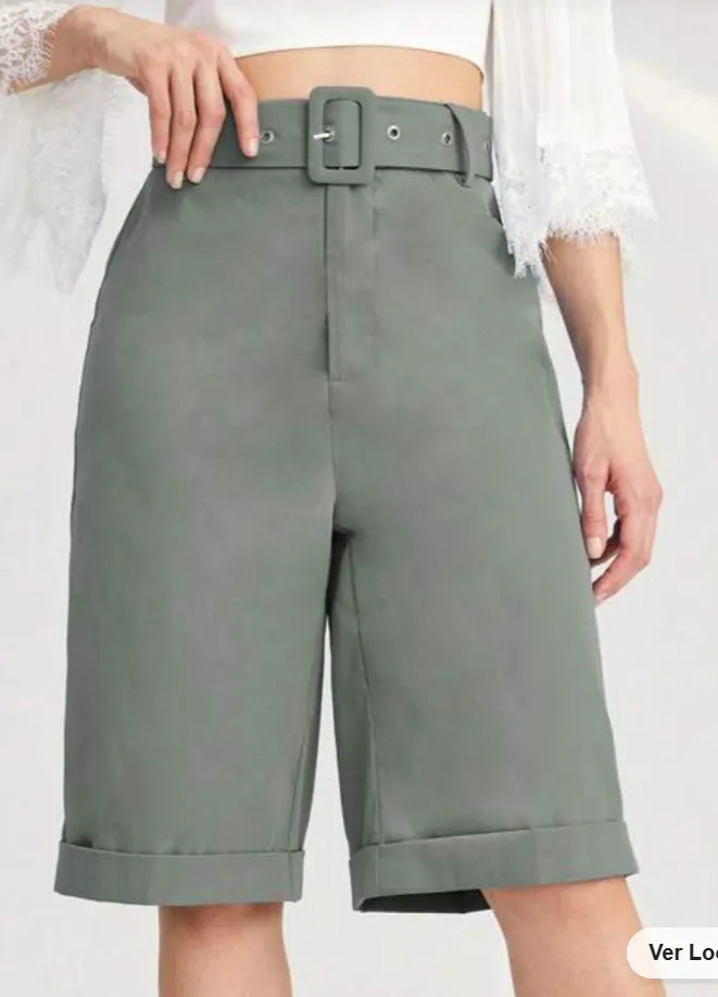 SHEIN Mulvari Sólido Bainha Enrolada Shorts De Cintura Imagem