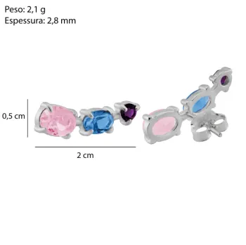 Brinco Earcuff Prata zircônias Rosa/Azul/Roxa 2cm - Foto 2