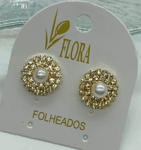 HM BIJOUX Brinco De Folheados De Redondo Com Pérola E Zircônia Imagem
