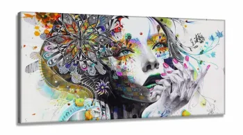 Quadros Decorativos Menina Abstrato Colorido Sala em Tecido Canvas 130x60