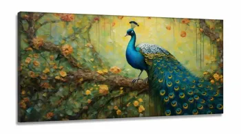 Quadro Artistico Pavão Paraiso  em Tecido Canvas 130x60 cm