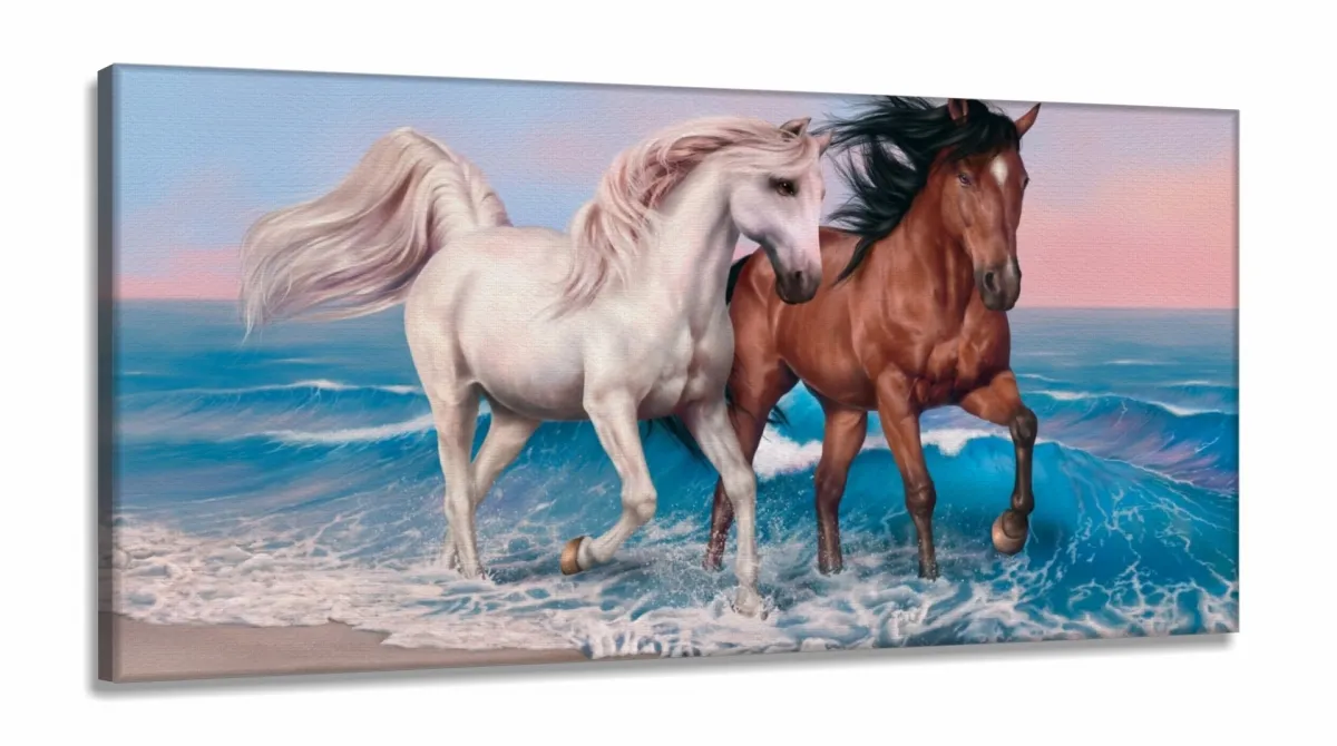 Quadro decorativo Cavalos Branco e Marrom Arte 130x60 em Tecido Canvas Imagem