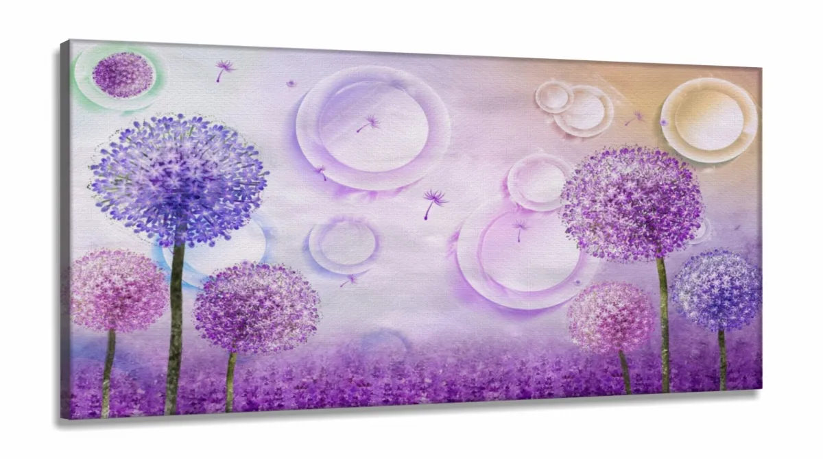 Quadro Decorativo Dente de Leão Lilas em Tecido Canvas 130x60 cm Imagem