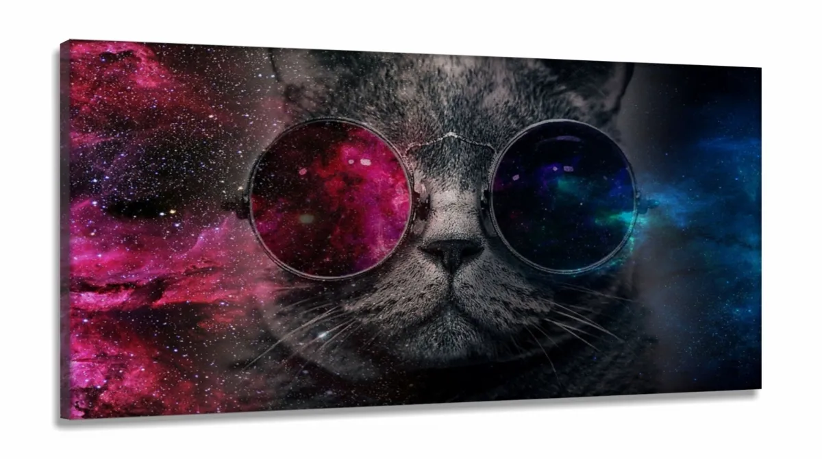 Quadro Decorativo Gato Pisicodelico Óculos em Tecido Canvas 130x60 Imagem