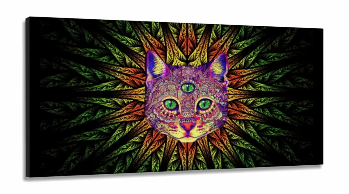 Quadro Decorativo Gato Trance Psicodélico em Tecido Canvas 130x60  Sala Quarto Imagem