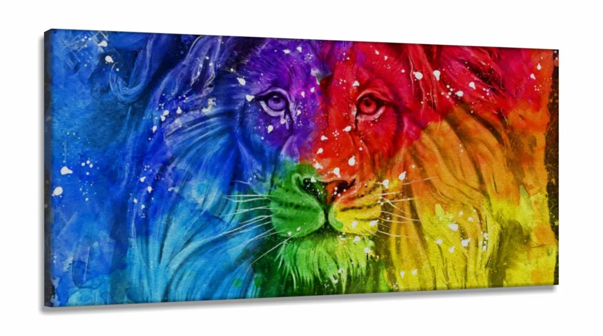 Quadro Decorativo Leão Judá Colorido Moderno Sala em tecido canvas 130x60 Imagem