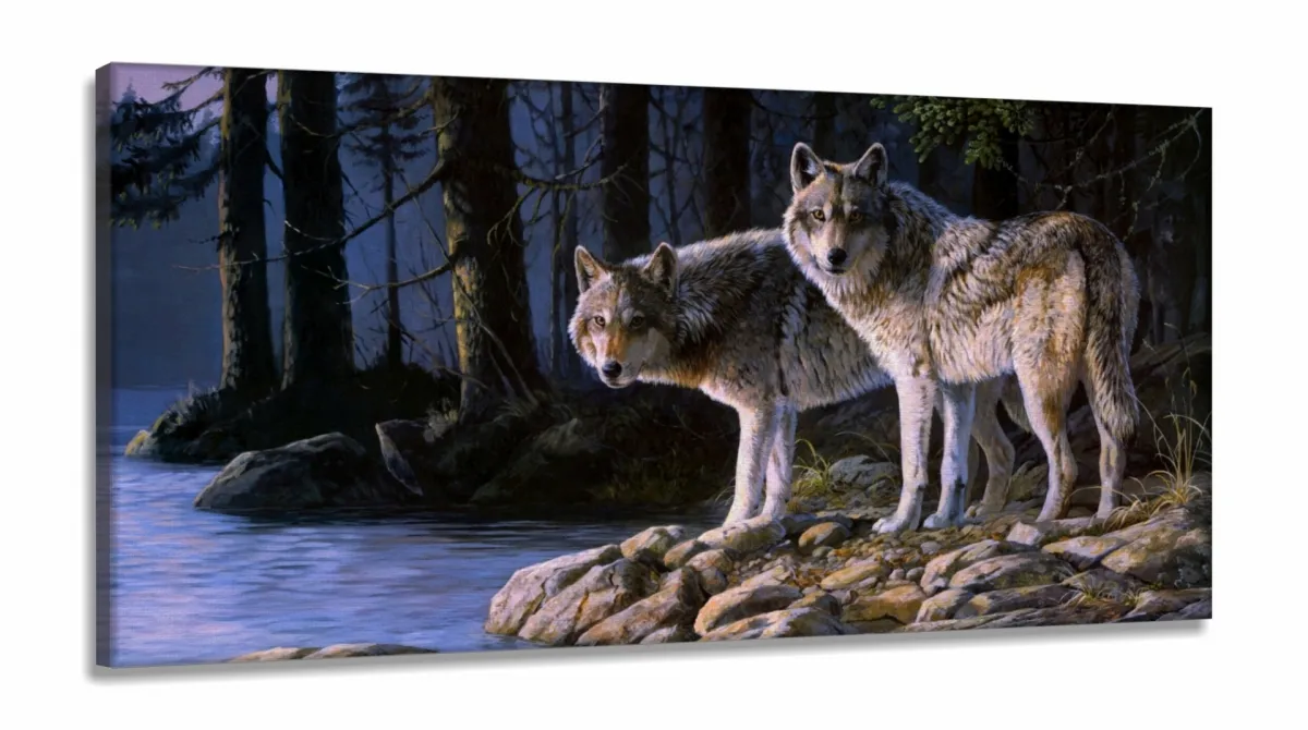 Quadro Decorativo Paisagem Lobos Escritório Tecido em Tecido Canvas 130x60