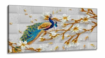Quadro Decorativo Pavão Artistico Luxo em Tecido Canvas 130x60 cm