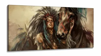 Quadro Decorativo Sala Quarto Arte Índia Cavalo em Tecido canvas 130x60