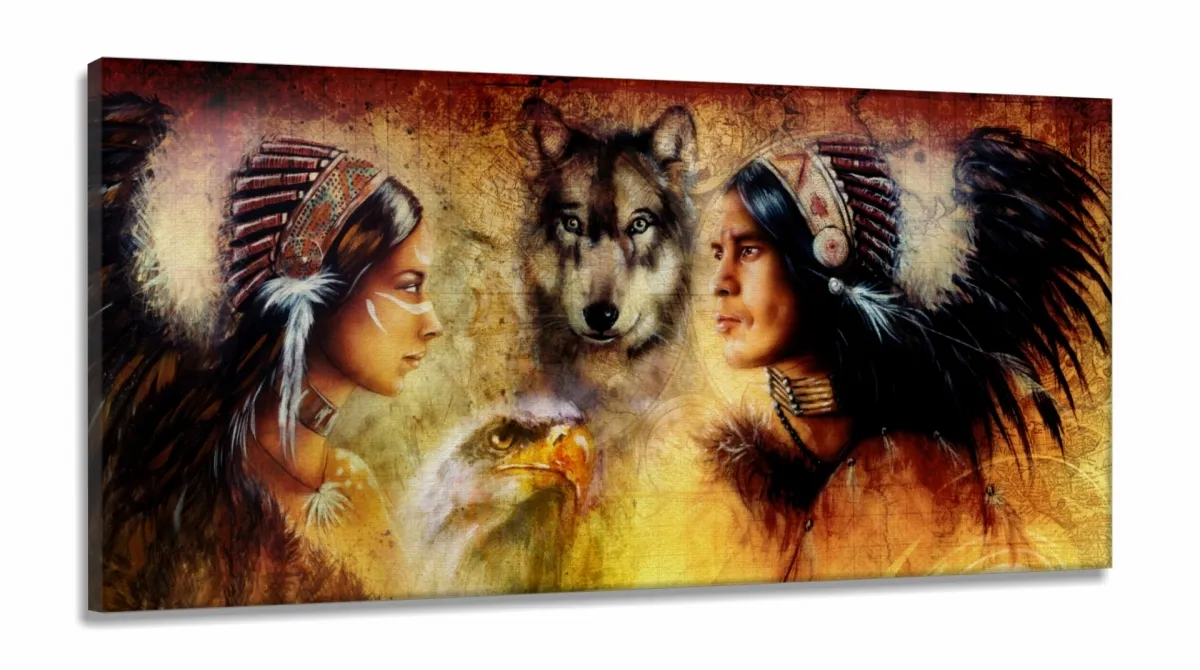 Quadro Decorativo Sala Quarto Escritório Animais E Índios em Tecido Canvas 130x60 Imagem