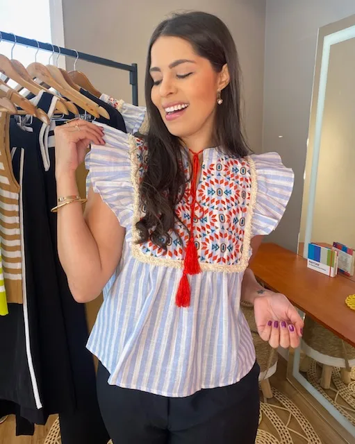 BLUSA LISTRAS AZUL BOHO CHIC - TAMANHO P
