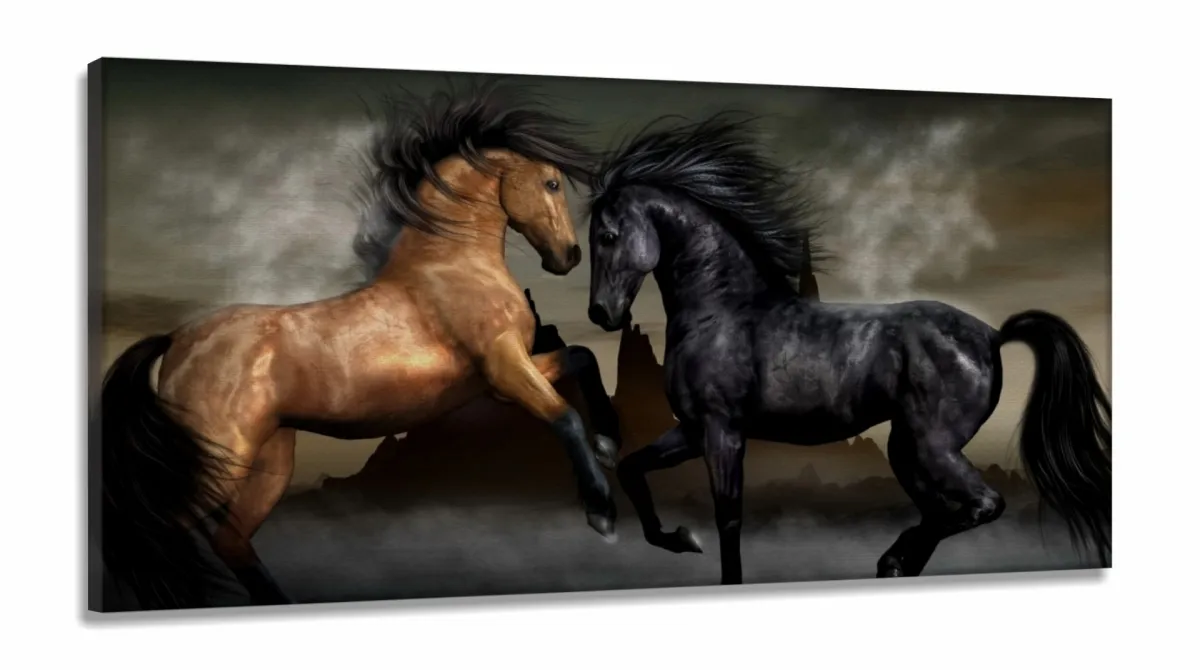 Quadros Decorativos Cavalos Marrom em Tecido Canvas 130x60 Imagem