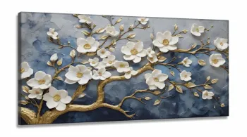 Quadro Artistico Galhos Flores Brancas em Tecido Canvas 130x60 cm