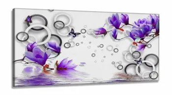 Quadro Decorativo  Flores e Arcos Roxo Estilo 3d em Tecido canvas 130x60
