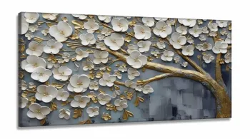 Quadro Decorativo Arvore Flores Brancas em Tecido Canvas 130x60 cm