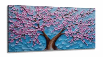Quadro Decorativo Arvore Flores Rosas em Tecido Canvas 130x60 cm