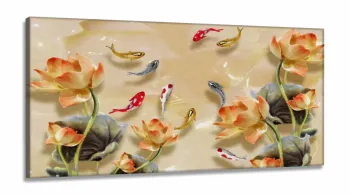 Quadro Decorativo Carpas e Flores  Estilo 3d em Tecido canvas 130x60