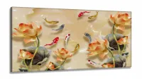Quadro Decorativo Carpas e Flores  Estilo 3d em Tecido canvas 130x60